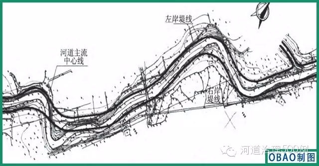 某丘陵區河道堤線布置示意圖