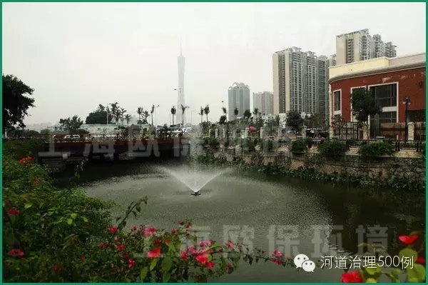 廣州河涌上的浮水噴泉式曝氣機，增氧造景